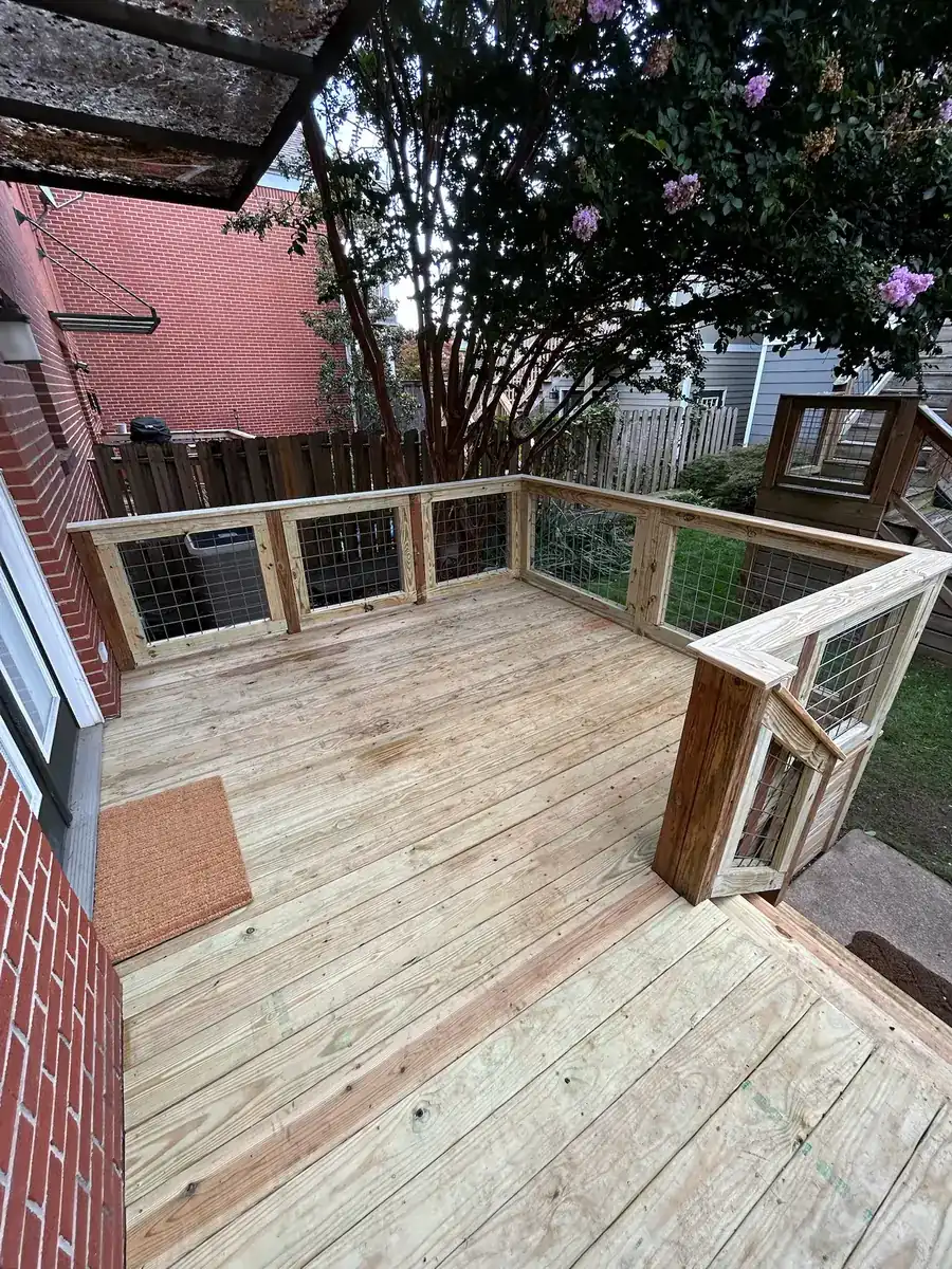 The same deck from above, showing the full deck surface and stair landing