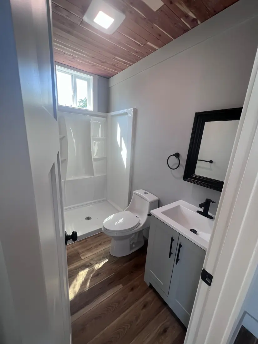 ADU bathroom with cedar ceiling